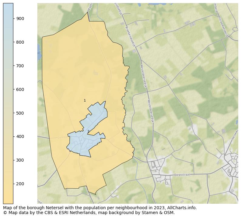 Map of the borough Netersel with the population per neighbourhood in 2023. This page shows a lot of information about residents (such as the distribution by age groups, family composition, gender, native or Dutch with an immigration background, ...), homes (numbers, types, price development, use, type of property, ...) and more (car ownership, energy consumption, ...) based on open data from the Dutch Central Bureau of Statistics and various other sources!