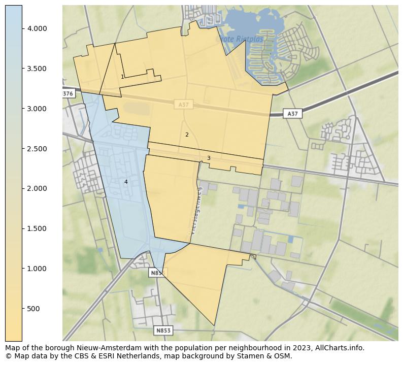 Map of the borough Nieuw-Amsterdam with the population per neighbourhood in 2023. This page shows a lot of information about residents (such as the distribution by age groups, family composition, gender, native or Dutch with an immigration background, ...), homes (numbers, types, price development, use, type of property, ...) and more (car ownership, energy consumption, ...) based on open data from the Dutch Central Bureau of Statistics and various other sources!