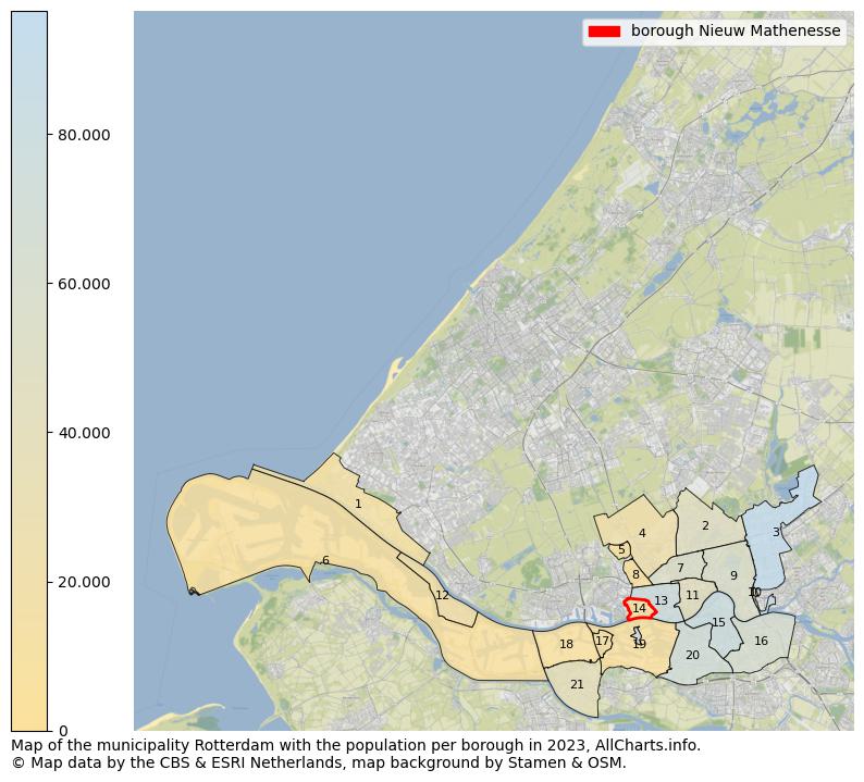 Map of the municipality Rotterdam with the population per borough in 2023. This page shows a lot of information about residents (such as the distribution by age groups, family composition, gender, native or Dutch with an immigration background, ...), homes (numbers, types, price development, use, type of property, ...) and more (car ownership, energy consumption, ...) based on open data from the Dutch Central Bureau of Statistics and various other sources!