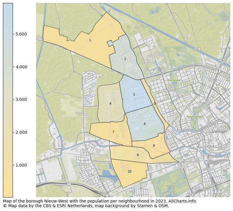 Map of the borough Nieuw-West with the population per neighbourhood in 2023. This page shows a lot of information about residents (such as the distribution by age groups, family composition, gender, native or Dutch with an immigration background, ...), homes (numbers, types, price development, use, type of property, ...) and more (car ownership, energy consumption, ...) based on open data from the Dutch Central Bureau of Statistics and various other sources!