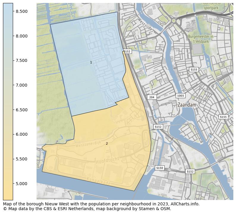 Map of the borough Nieuw West with the population per neighbourhood in 2023. This page shows a lot of information about residents (such as the distribution by age groups, family composition, gender, native or Dutch with an immigration background, ...), homes (numbers, types, price development, use, type of property, ...) and more (car ownership, energy consumption, ...) based on open data from the Dutch Central Bureau of Statistics and various other sources!