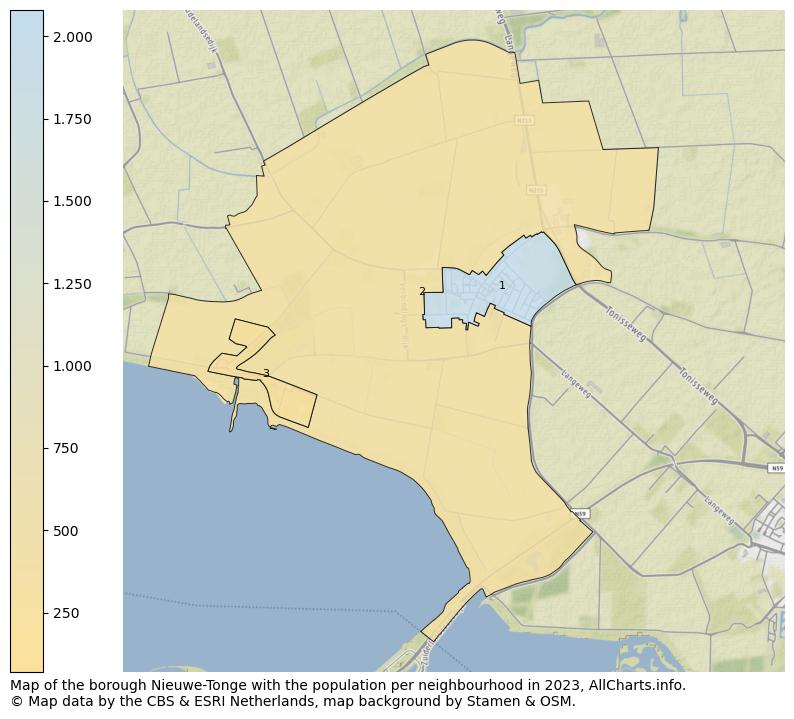 Map of the borough Nieuwe-Tonge with the population per neighbourhood in 2023. This page shows a lot of information about residents (such as the distribution by age groups, family composition, gender, native or Dutch with an immigration background, ...), homes (numbers, types, price development, use, type of property, ...) and more (car ownership, energy consumption, ...) based on open data from the Dutch Central Bureau of Statistics and various other sources!