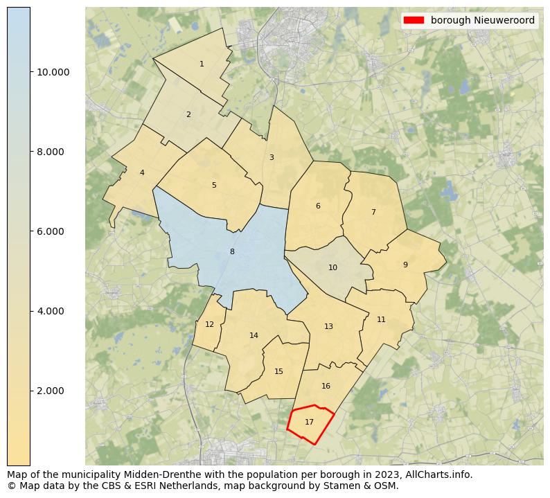Map of the municipality Midden-Drenthe with the population per borough in 2023. This page shows a lot of information about residents (such as the distribution by age groups, family composition, gender, native or Dutch with an immigration background, ...), homes (numbers, types, price development, use, type of property, ...) and more (car ownership, energy consumption, ...) based on open data from the Dutch Central Bureau of Statistics and various other sources!