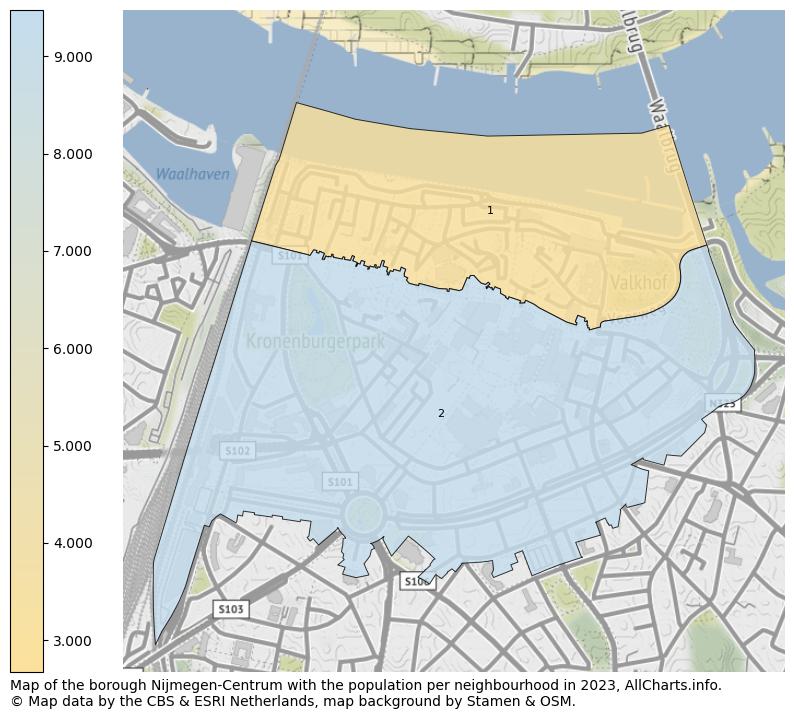 Map of the borough Nijmegen-Centrum with the population per neighbourhood in 2021. This page shows a lot of information about residents (such as the distribution by age groups, family composition, gender, native or Dutch with an immigration background, ...), homes (numbers, types, price development, use, type of property, ...) and more (car ownership, energy consumption, ...) based on open data from the Dutch Central Bureau of Statistics and various other sources!