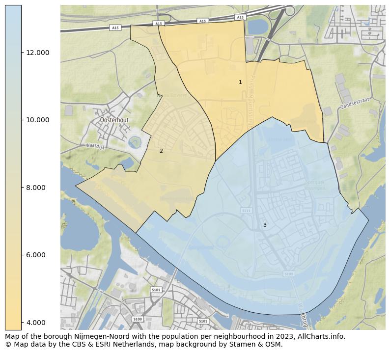 Map of the borough Nijmegen-Noord with the population per neighbourhood in 2023. This page shows a lot of information about residents (such as the distribution by age groups, family composition, gender, native or Dutch with an immigration background, ...), homes (numbers, types, price development, use, type of property, ...) and more (car ownership, energy consumption, ...) based on open data from the Dutch Central Bureau of Statistics and various other sources!
