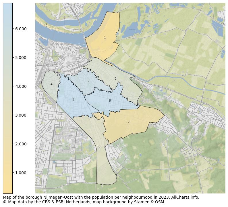 Map of the borough Nijmegen-Oost with the population per neighbourhood in 2023. This page shows a lot of information about residents (such as the distribution by age groups, family composition, gender, native or Dutch with an immigration background, ...), homes (numbers, types, price development, use, type of property, ...) and more (car ownership, energy consumption, ...) based on open data from the Dutch Central Bureau of Statistics and various other sources!