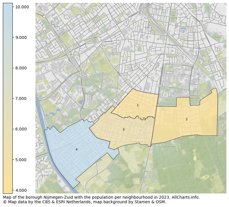 Map of the borough Nijmegen-Zuid with the population per neighbourhood in 2023. This page shows a lot of information about residents (such as the distribution by age groups, family composition, gender, native or Dutch with an immigration background, ...), homes (numbers, types, price development, use, type of property, ...) and more (car ownership, energy consumption, ...) based on open data from the Dutch Central Bureau of Statistics and various other sources!