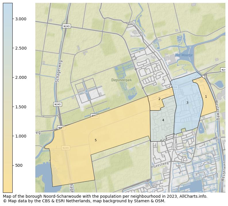 Map of the borough Noord-Scharwoude with the population per neighbourhood in 2023. This page shows a lot of information about residents (such as the distribution by age groups, family composition, gender, native or Dutch with an immigration background, ...), homes (numbers, types, price development, use, type of property, ...) and more (car ownership, energy consumption, ...) based on open data from the Dutch Central Bureau of Statistics and various other sources!