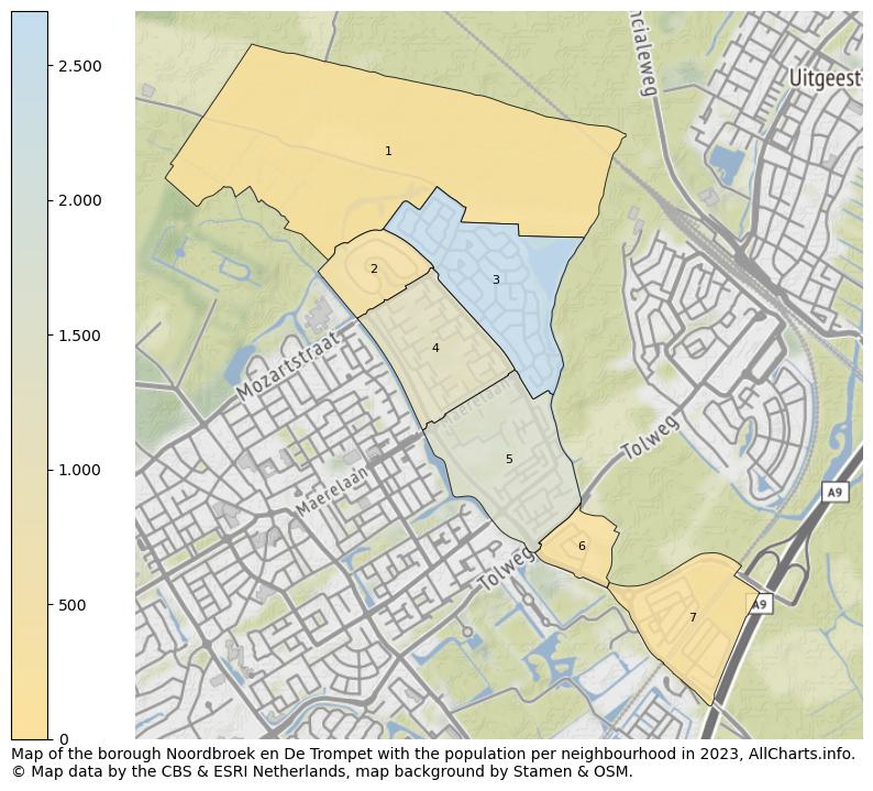 Map of the borough Noordbroek en De Trompet with the population per neighbourhood in 2023. This page shows a lot of information about residents (such as the distribution by age groups, family composition, gender, native or Dutch with an immigration background, ...), homes (numbers, types, price development, use, type of property, ...) and more (car ownership, energy consumption, ...) based on open data from the Dutch Central Bureau of Statistics and various other sources!