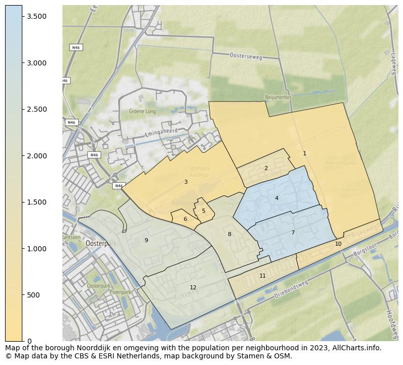 Map of the borough Noorddijk en omgeving with the population per neighbourhood in 2023. This page shows a lot of information about residents (such as the distribution by age groups, family composition, gender, native or Dutch with an immigration background, ...), homes (numbers, types, price development, use, type of property, ...) and more (car ownership, energy consumption, ...) based on open data from the Dutch Central Bureau of Statistics and various other sources!