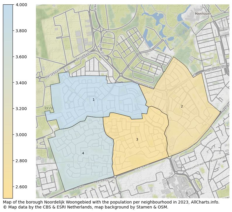 Map of the borough Noordelijk Woongebied with the population per neighbourhood in 2023. This page shows a lot of information about residents (such as the distribution by age groups, family composition, gender, native or Dutch with an immigration background, ...), homes (numbers, types, price development, use, type of property, ...) and more (car ownership, energy consumption, ...) based on open data from the Dutch Central Bureau of Statistics and various other sources!