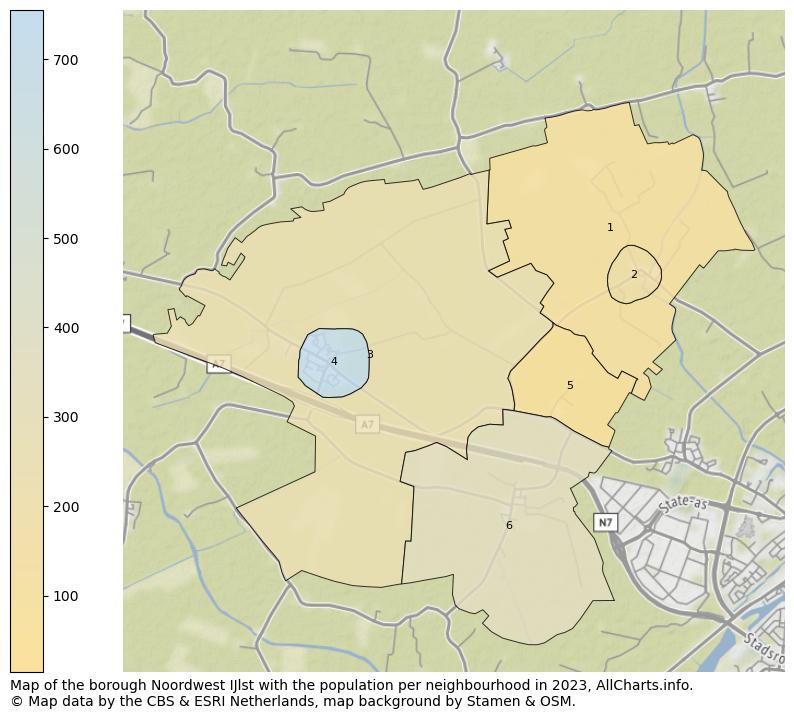 Map of the borough Noordwest IJlst with the population per neighbourhood in 2023. This page shows a lot of information about residents (such as the distribution by age groups, family composition, gender, native or Dutch with an immigration background, ...), homes (numbers, types, price development, use, type of property, ...) and more (car ownership, energy consumption, ...) based on open data from the Dutch Central Bureau of Statistics and various other sources!