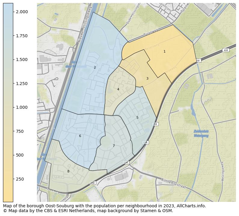 Map of the borough Oost-Souburg with the population per neighbourhood in 2021. This page shows a lot of information about residents (such as the distribution by age groups, family composition, gender, native or Dutch with an immigration background, ...), homes (numbers, types, price development, use, type of property, ...) and more (car ownership, energy consumption, ...) based on open data from the Dutch Central Bureau of Statistics and various other sources!