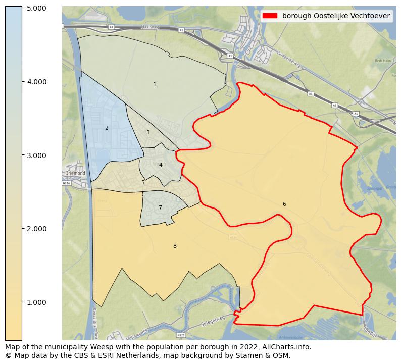 Map of the municipality Weesp with the population per borough in 2022. This page shows a lot of information about residents (such as the distribution by age groups, family composition, gender, native or Dutch with an immigration background, ...), homes (numbers, types, price development, use, type of property, ...) and more (car ownership, energy consumption, ...) based on open data from the Dutch Central Bureau of Statistics and various other sources!