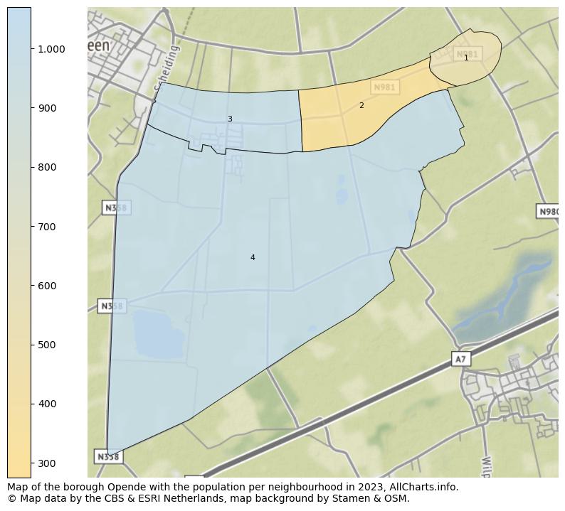 Map of the borough Opende with the population per neighbourhood in 2023. This page shows a lot of information about residents (such as the distribution by age groups, family composition, gender, native or Dutch with an immigration background, ...), homes (numbers, types, price development, use, type of property, ...) and more (car ownership, energy consumption, ...) based on open data from the Dutch Central Bureau of Statistics and various other sources!