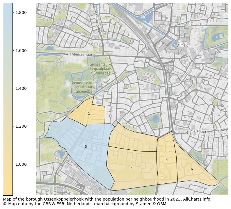 Map of the borough Ossenkoppelerhoek with the population per neighbourhood in 2023. This page shows a lot of information about residents (such as the distribution by age groups, family composition, gender, native or Dutch with an immigration background, ...), homes (numbers, types, price development, use, type of property, ...) and more (car ownership, energy consumption, ...) based on open data from the Dutch Central Bureau of Statistics and various other sources!