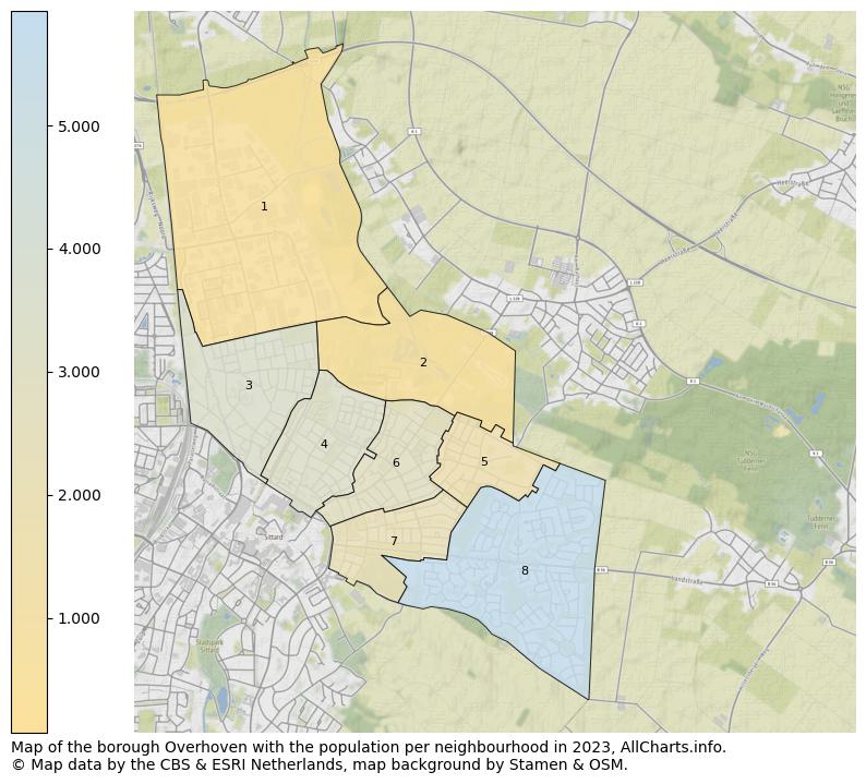 Map of the borough Overhoven with the population per neighbourhood in 2021. This page shows a lot of information about residents (such as the distribution by age groups, family composition, gender, native or Dutch with an immigration background, ...), homes (numbers, types, price development, use, type of property, ...) and more (car ownership, energy consumption, ...) based on open data from the Dutch Central Bureau of Statistics and various other sources!