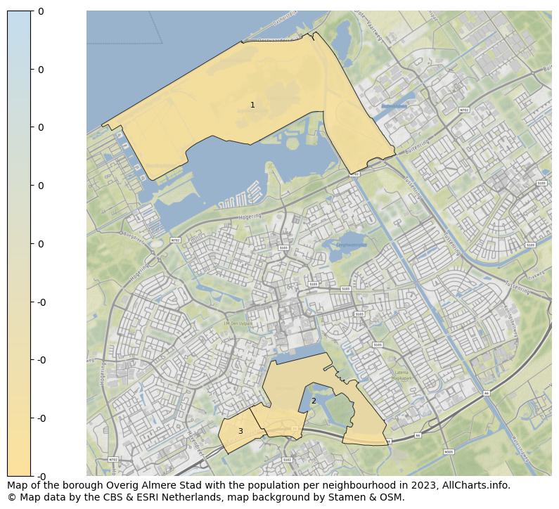 Map of the borough Overig Almere Stad with the population per neighbourhood in 2023. This page shows a lot of information about residents (such as the distribution by age groups, family composition, gender, native or Dutch with an immigration background, ...), homes (numbers, types, price development, use, type of property, ...) and more (car ownership, energy consumption, ...) based on open data from the Dutch Central Bureau of Statistics and various other sources!