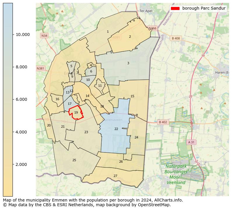 Image of the borough Parc Sandur at the map. This image is used as introduction to this page. This page shows a lot of information about the population in the borough Parc Sandur (such as the distribution by age groups of the residents, the composition of households, whether inhabitants are natives or Dutch with an immigration background, data about the houses (numbers, types, price development, use, type of property, ...) and more (car ownership, energy consumption, ...) based on open data from the Dutch Central Bureau of Statistics and various other sources!