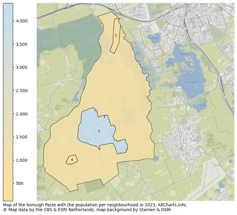 Map of the borough Peize with the population per neighbourhood in 2021. This page shows a lot of information about residents (such as the distribution by age groups, family composition, gender, native or Dutch with an immigration background, ...), homes (numbers, types, price development, use, type of property, ...) and more (car ownership, energy consumption, ...) based on open data from the Dutch Central Bureau of Statistics and various other sources!