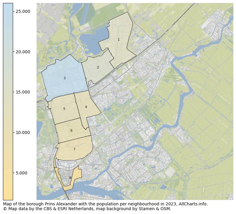 Map of the borough Prins Alexander with the population per neighbourhood in 2023. This page shows a lot of information about residents (such as the distribution by age groups, family composition, gender, native or Dutch with an immigration background, ...), homes (numbers, types, price development, use, type of property, ...) and more (car ownership, energy consumption, ...) based on open data from the Dutch Central Bureau of Statistics and various other sources!