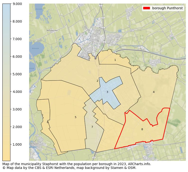 Map of the municipality Staphorst with the population per borough in 2023. This page shows a lot of information about residents (such as the distribution by age groups, family composition, gender, native or Dutch with an immigration background, ...), homes (numbers, types, price development, use, type of property, ...) and more (car ownership, energy consumption, ...) based on open data from the Dutch Central Bureau of Statistics and various other sources!