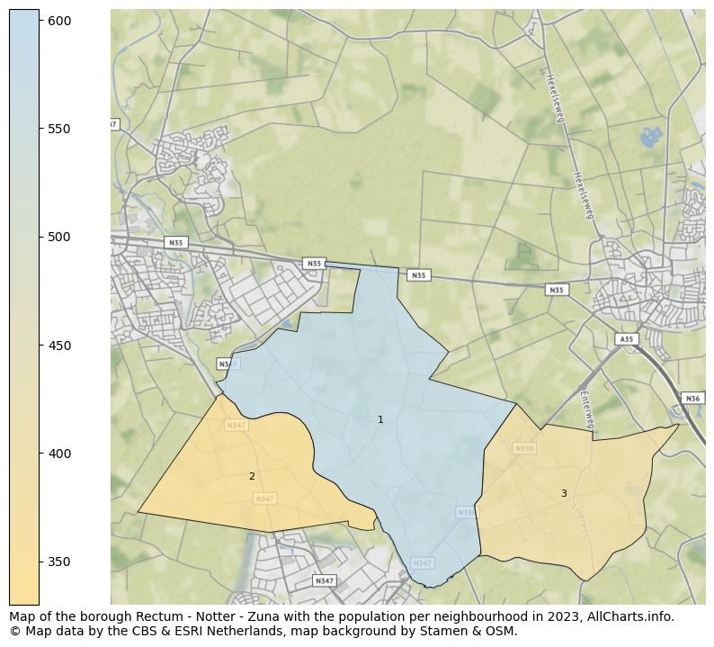 Map of the borough Rectum - Notter - Zuna with the population per neighbourhood in 2023. This page shows a lot of information about residents (such as the distribution by age groups, family composition, gender, native or Dutch with an immigration background, ...), homes (numbers, types, price development, use, type of property, ...) and more (car ownership, energy consumption, ...) based on open data from the Dutch Central Bureau of Statistics and various other sources!