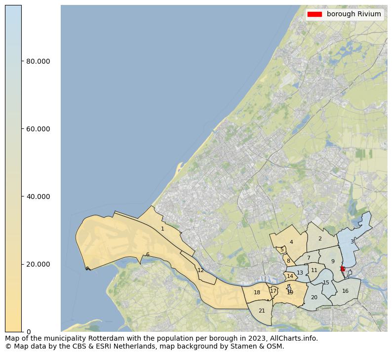 Map of the municipality Rotterdam with the population per borough in 2022. This page shows a lot of information about residents (such as the distribution by age groups, family composition, gender, native or Dutch with an immigration background, ...), homes (numbers, types, price development, use, type of property, ...) and more (car ownership, energy consumption, ...) based on open data from the Dutch Central Bureau of Statistics and various other sources!