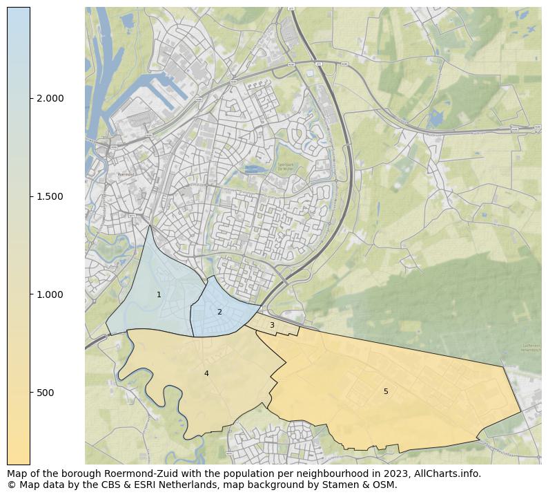 Map of the borough Roermond-Zuid with the population per neighbourhood in 2023. This page shows a lot of information about residents (such as the distribution by age groups, family composition, gender, native or Dutch with an immigration background, ...), homes (numbers, types, price development, use, type of property, ...) and more (car ownership, energy consumption, ...) based on open data from the Dutch Central Bureau of Statistics and various other sources!