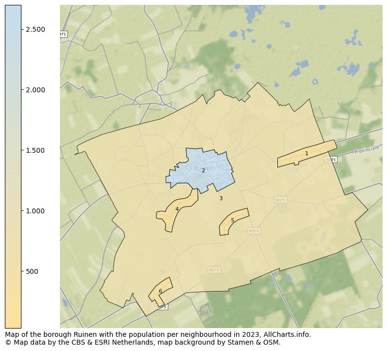 Map of the borough Ruinen with the population per neighbourhood in 2023. This page shows a lot of information about residents (such as the distribution by age groups, family composition, gender, native or Dutch with an immigration background, ...), homes (numbers, types, price development, use, type of property, ...) and more (car ownership, energy consumption, ...) based on open data from the Dutch Central Bureau of Statistics and various other sources!