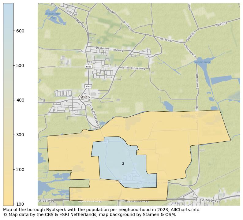 Map of the borough Ryptsjerk with the population per neighbourhood in 2023. This page shows a lot of information about residents (such as the distribution by age groups, family composition, gender, native or Dutch with an immigration background, ...), homes (numbers, types, price development, use, type of property, ...) and more (car ownership, energy consumption, ...) based on open data from the Dutch Central Bureau of Statistics and various other sources!