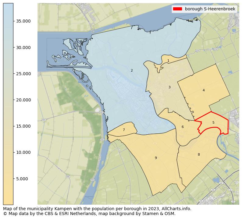 Map of the municipality Kampen with the population per borough in 2023. This page shows a lot of information about residents (such as the distribution by age groups, family composition, gender, native or Dutch with an immigration background, ...), homes (numbers, types, price development, use, type of property, ...) and more (car ownership, energy consumption, ...) based on open data from the Dutch Central Bureau of Statistics and various other sources!