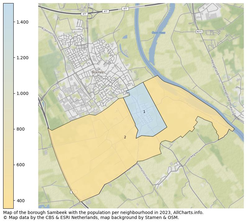 Map of the borough Sambeek with the population per neighbourhood in 2023. This page shows a lot of information about residents (such as the distribution by age groups, family composition, gender, native or Dutch with an immigration background, ...), homes (numbers, types, price development, use, type of property, ...) and more (car ownership, energy consumption, ...) based on open data from the Dutch Central Bureau of Statistics and various other sources!
