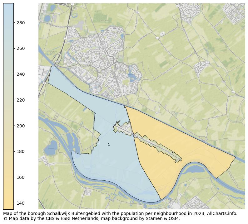 Map of the borough Schalkwijk Buitengebied with the population per neighbourhood in 2023. This page shows a lot of information about residents (such as the distribution by age groups, family composition, gender, native or Dutch with an immigration background, ...), homes (numbers, types, price development, use, type of property, ...) and more (car ownership, energy consumption, ...) based on open data from the Dutch Central Bureau of Statistics and various other sources!