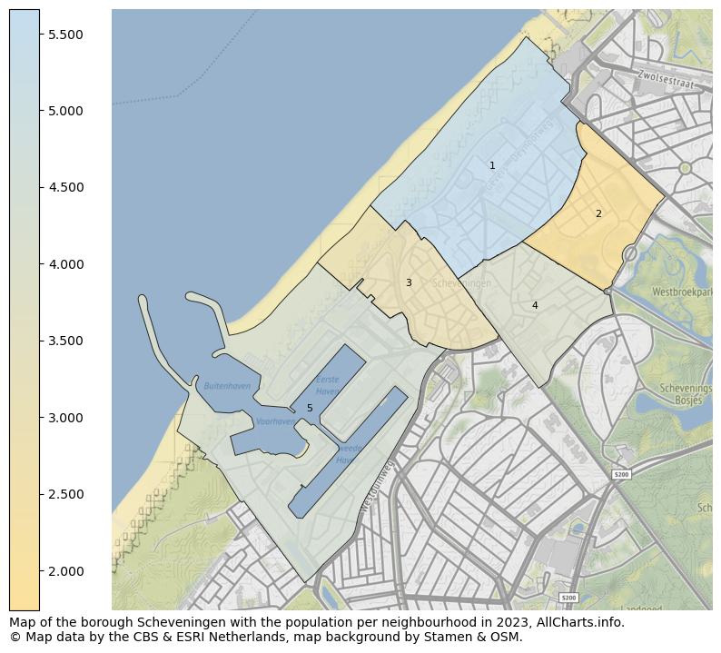 Map of the borough Scheveningen with the population per neighbourhood in 2023. This page shows a lot of information about residents (such as the distribution by age groups, family composition, gender, native or Dutch with an immigration background, ...), homes (numbers, types, price development, use, type of property, ...) and more (car ownership, energy consumption, ...) based on open data from the Dutch Central Bureau of Statistics and various other sources!