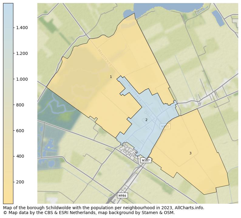 Map of the borough Schildwolde with the population per neighbourhood in 2023. This page shows a lot of information about residents (such as the distribution by age groups, family composition, gender, native or Dutch with an immigration background, ...), homes (numbers, types, price development, use, type of property, ...) and more (car ownership, energy consumption, ...) based on open data from the Dutch Central Bureau of Statistics and various other sources!
