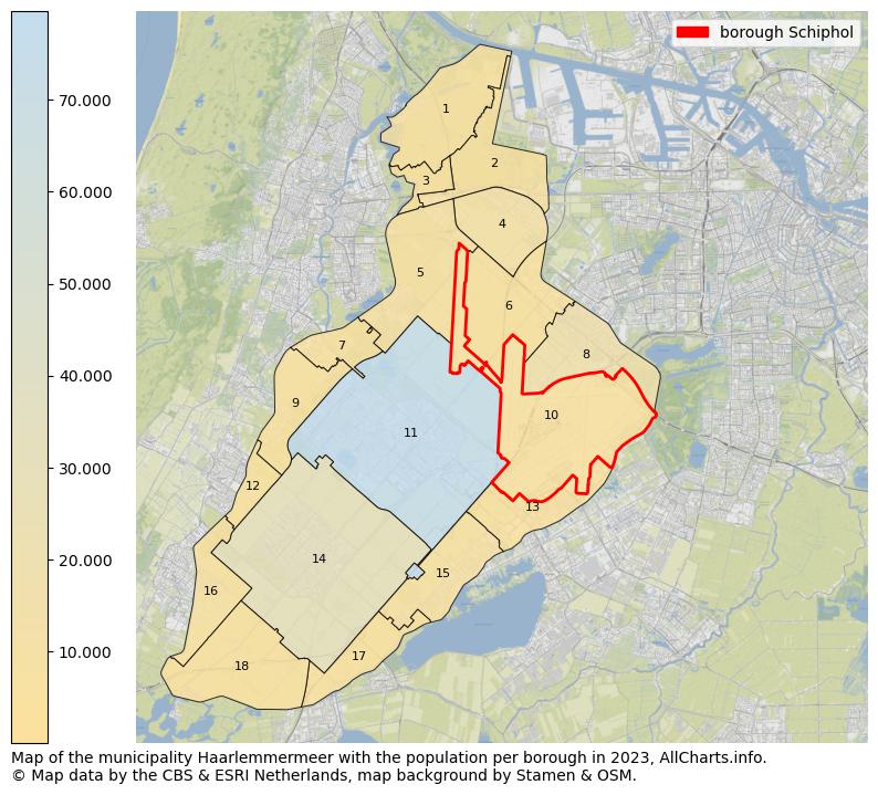 Map of the municipality Haarlemmermeer with the population per borough in 2023. This page shows a lot of information about residents (such as the distribution by age groups, family composition, gender, native or Dutch with an immigration background, ...), homes (numbers, types, price development, use, type of property, ...) and more (car ownership, energy consumption, ...) based on open data from the Dutch Central Bureau of Statistics and various other sources!