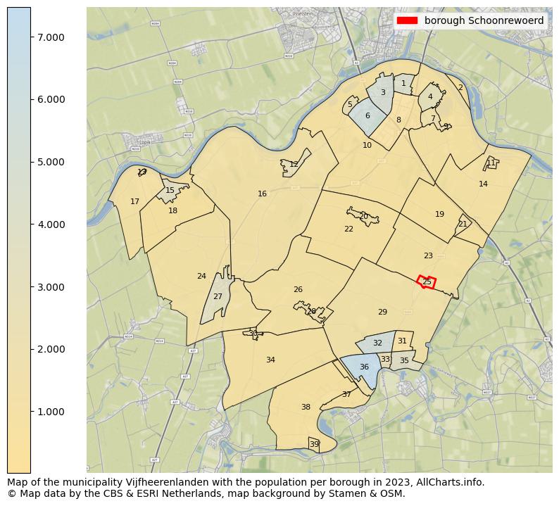 Map of the municipality Vijfheerenlanden with the population per borough in 2023. This page shows a lot of information about residents (such as the distribution by age groups, family composition, gender, native or Dutch with an immigration background, ...), homes (numbers, types, price development, use, type of property, ...) and more (car ownership, energy consumption, ...) based on open data from the Dutch Central Bureau of Statistics and various other sources!