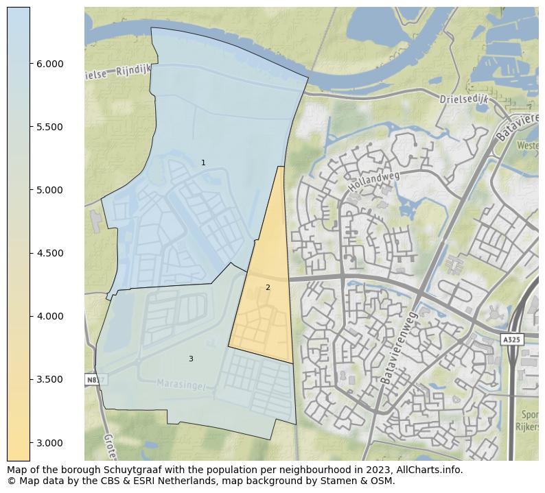 Map of the borough Schuytgraaf with the population per neighbourhood in 2023. This page shows a lot of information about residents (such as the distribution by age groups, family composition, gender, native or Dutch with an immigration background, ...), homes (numbers, types, price development, use, type of property, ...) and more (car ownership, energy consumption, ...) based on open data from the Dutch Central Bureau of Statistics and various other sources!