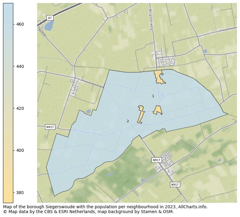 Map of the borough Siegerswoude with the population per neighbourhood in 2023. This page shows a lot of information about residents (such as the distribution by age groups, family composition, gender, native or Dutch with an immigration background, ...), homes (numbers, types, price development, use, type of property, ...) and more (car ownership, energy consumption, ...) based on open data from the Dutch Central Bureau of Statistics and various other sources!