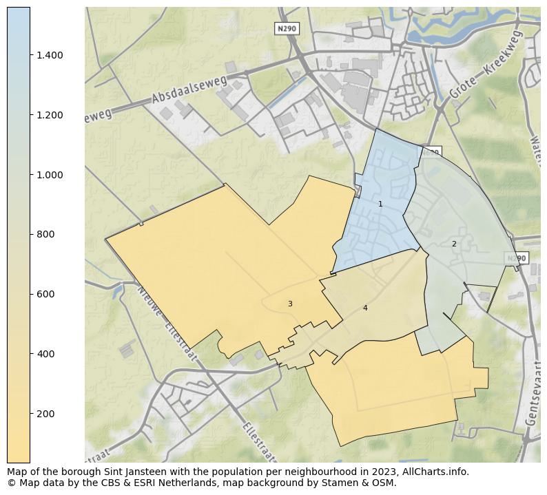 Map of the borough Sint Jansteen with the population per neighbourhood in 2023. This page shows a lot of information about residents (such as the distribution by age groups, family composition, gender, native or Dutch with an immigration background, ...), homes (numbers, types, price development, use, type of property, ...) and more (car ownership, energy consumption, ...) based on open data from the Dutch Central Bureau of Statistics and various other sources!