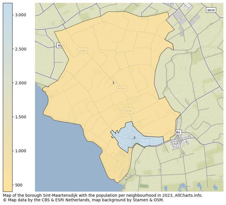 Map of the borough Sint-Maartensdijk with the population per neighbourhood in 2023. This page shows a lot of information about residents (such as the distribution by age groups, family composition, gender, native or Dutch with an immigration background, ...), homes (numbers, types, price development, use, type of property, ...) and more (car ownership, energy consumption, ...) based on open data from the Dutch Central Bureau of Statistics and various other sources!