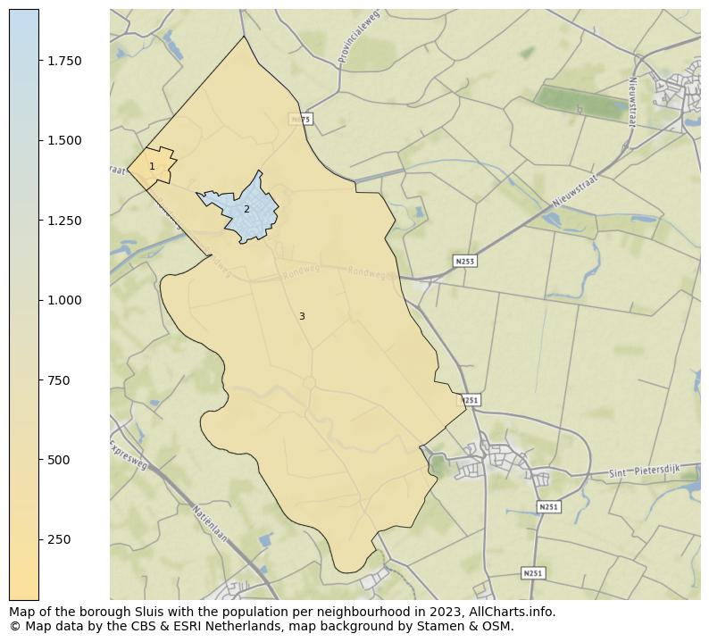 Map of the borough Sluis with the population per neighbourhood in 2023. This page shows a lot of information about residents (such as the distribution by age groups, family composition, gender, native or Dutch with an immigration background, ...), homes (numbers, types, price development, use, type of property, ...) and more (car ownership, energy consumption, ...) based on open data from the Dutch Central Bureau of Statistics and various other sources!