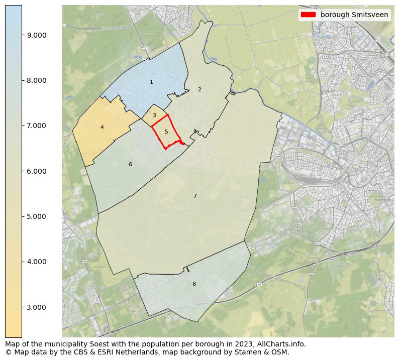 Map of the municipality Soest with the population per borough in 2023. This page shows a lot of information about residents (such as the distribution by age groups, family composition, gender, native or Dutch with an immigration background, ...), homes (numbers, types, price development, use, type of property, ...) and more (car ownership, energy consumption, ...) based on open data from the Dutch Central Bureau of Statistics and various other sources!