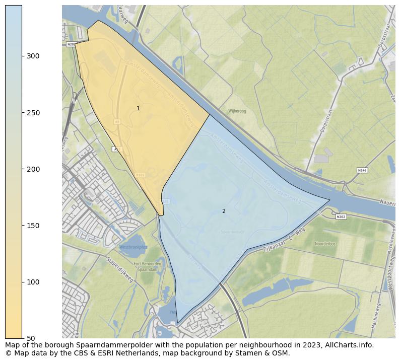 Map of the borough Spaarndammerpolder with the population per neighbourhood in 2023. This page shows a lot of information about residents (such as the distribution by age groups, family composition, gender, native or Dutch with an immigration background, ...), homes (numbers, types, price development, use, type of property, ...) and more (car ownership, energy consumption, ...) based on open data from the Dutch Central Bureau of Statistics and various other sources!