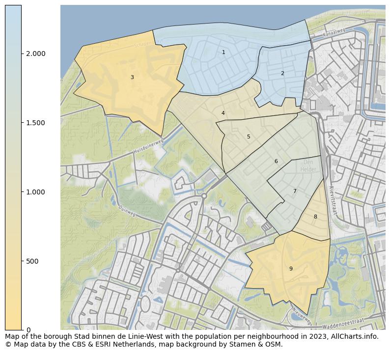 Map of the borough Stad binnen de Linie-West with the population per neighbourhood in 2023. This page shows a lot of information about residents (such as the distribution by age groups, family composition, gender, native or Dutch with an immigration background, ...), homes (numbers, types, price development, use, type of property, ...) and more (car ownership, energy consumption, ...) based on open data from the Dutch Central Bureau of Statistics and various other sources!