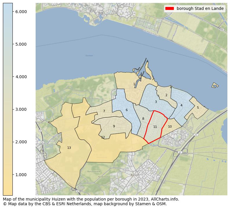 Map of the municipality Huizen with the population per borough in 2023. This page shows a lot of information about residents (such as the distribution by age groups, family composition, gender, native or Dutch with an immigration background, ...), homes (numbers, types, price development, use, type of property, ...) and more (car ownership, energy consumption, ...) based on open data from the Dutch Central Bureau of Statistics and various other sources!