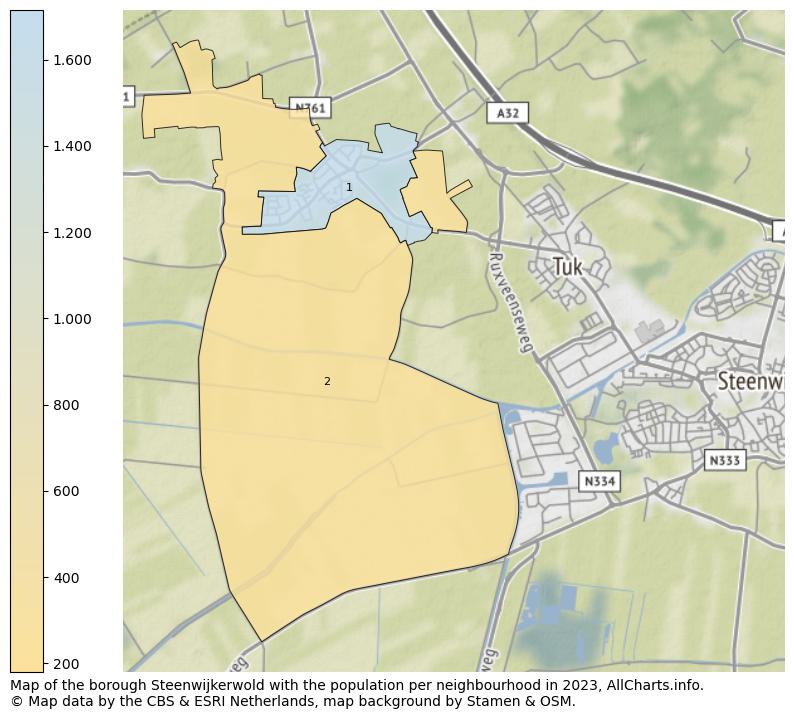 Map of the borough Steenwijkerwold with the population per neighbourhood in 2023. This page shows a lot of information about residents (such as the distribution by age groups, family composition, gender, native or Dutch with an immigration background, ...), homes (numbers, types, price development, use, type of property, ...) and more (car ownership, energy consumption, ...) based on open data from the Dutch Central Bureau of Statistics and various other sources!