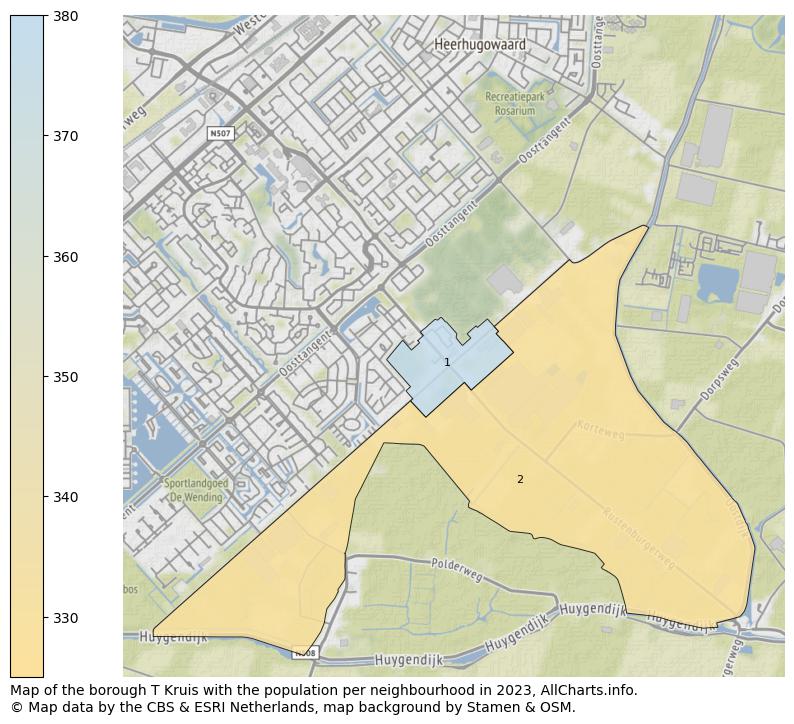Map of the borough T Kruis with the population per neighbourhood in 2023. This page shows a lot of information about residents (such as the distribution by age groups, family composition, gender, native or Dutch with an immigration background, ...), homes (numbers, types, price development, use, type of property, ...) and more (car ownership, energy consumption, ...) based on open data from the Dutch Central Bureau of Statistics and various other sources!