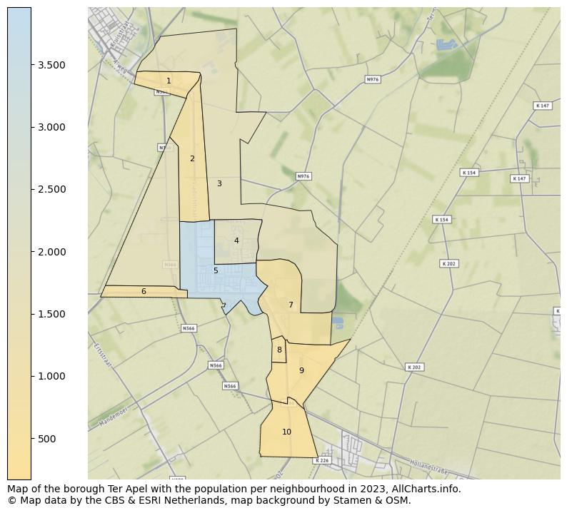Map of the borough Ter Apel with the population per neighbourhood in 2023. This page shows a lot of information about residents (such as the distribution by age groups, family composition, gender, native or Dutch with an immigration background, ...), homes (numbers, types, price development, use, type of property, ...) and more (car ownership, energy consumption, ...) based on open data from the Dutch Central Bureau of Statistics and various other sources!